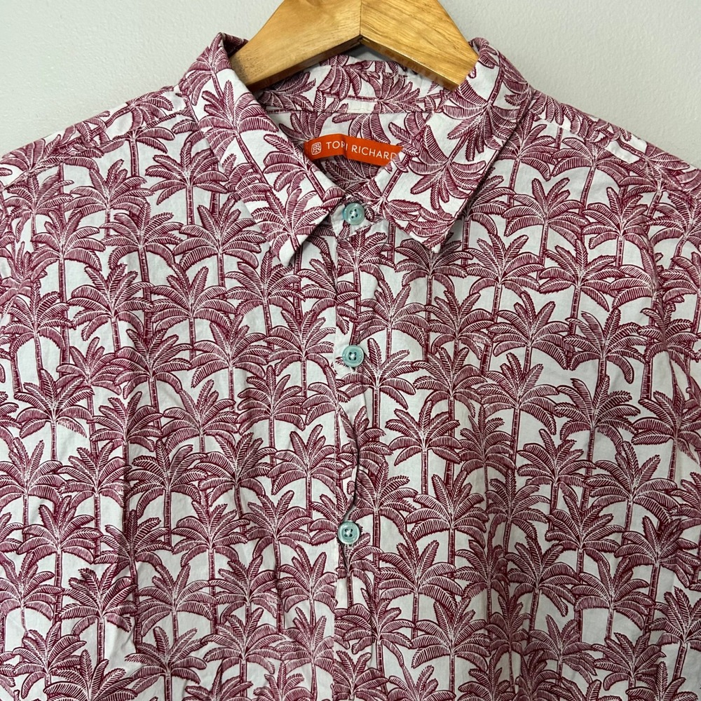 Tori Richard Button Up Shirt Mens L Burgundy White Palm Tree Hawaiian Aloha